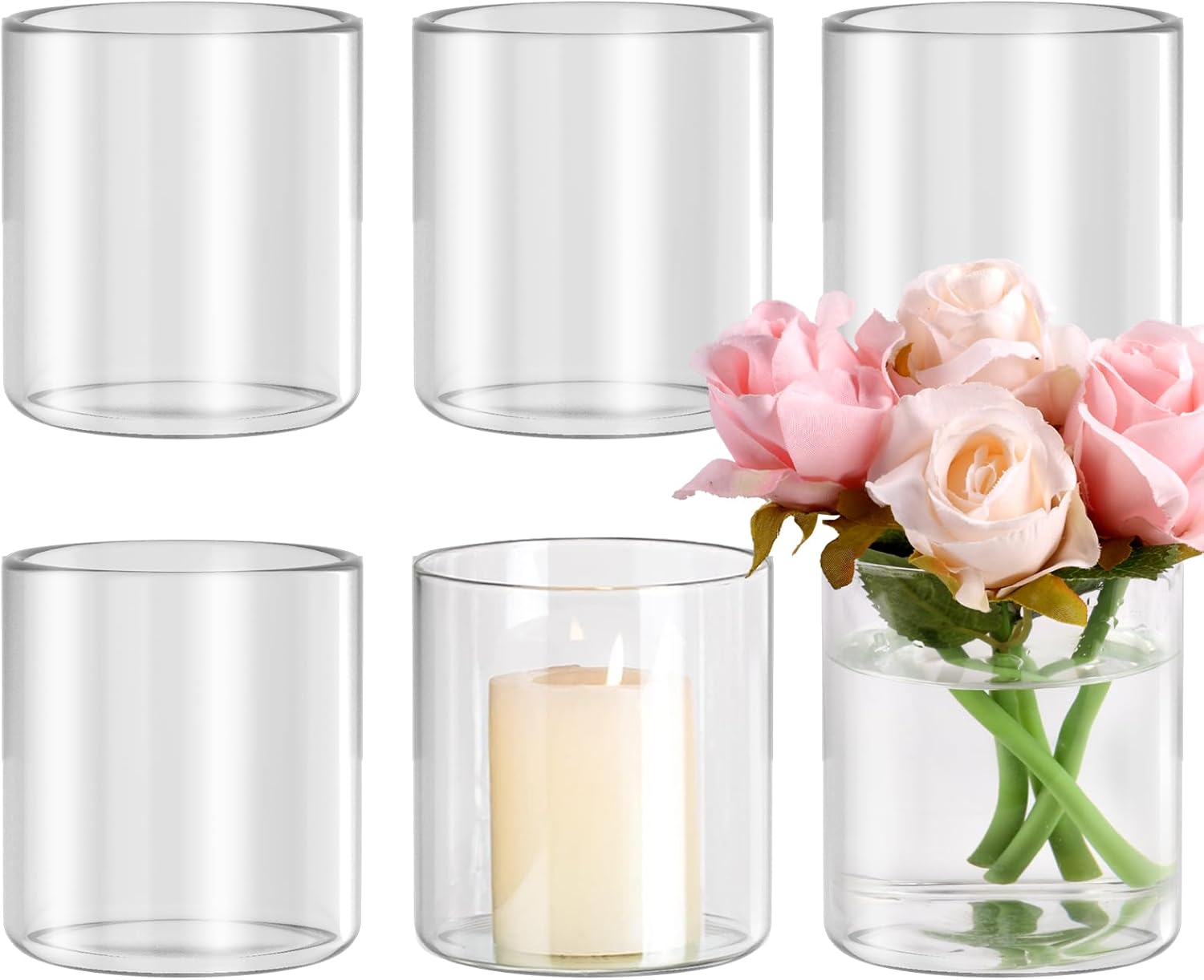 6pcs Clear Glass Cylinder Vases for Centerpieces and Floating Candles