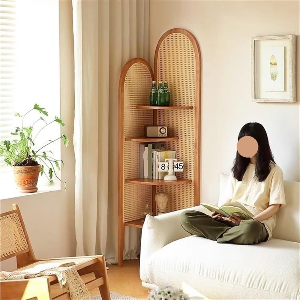 4-Tier Rattan Bookshelf with Solid Wood Frame 1
