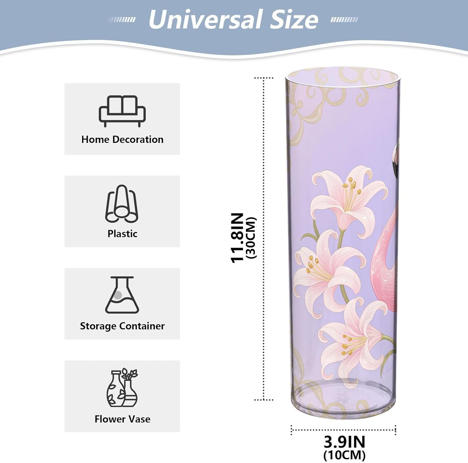 Flamingo and Lily Pattern Clear Plastic Cylinder Vase 118 Inch Tall
