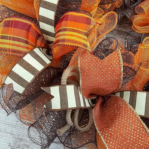 Fall Wreath for Front Door with Brown Orange Mesh