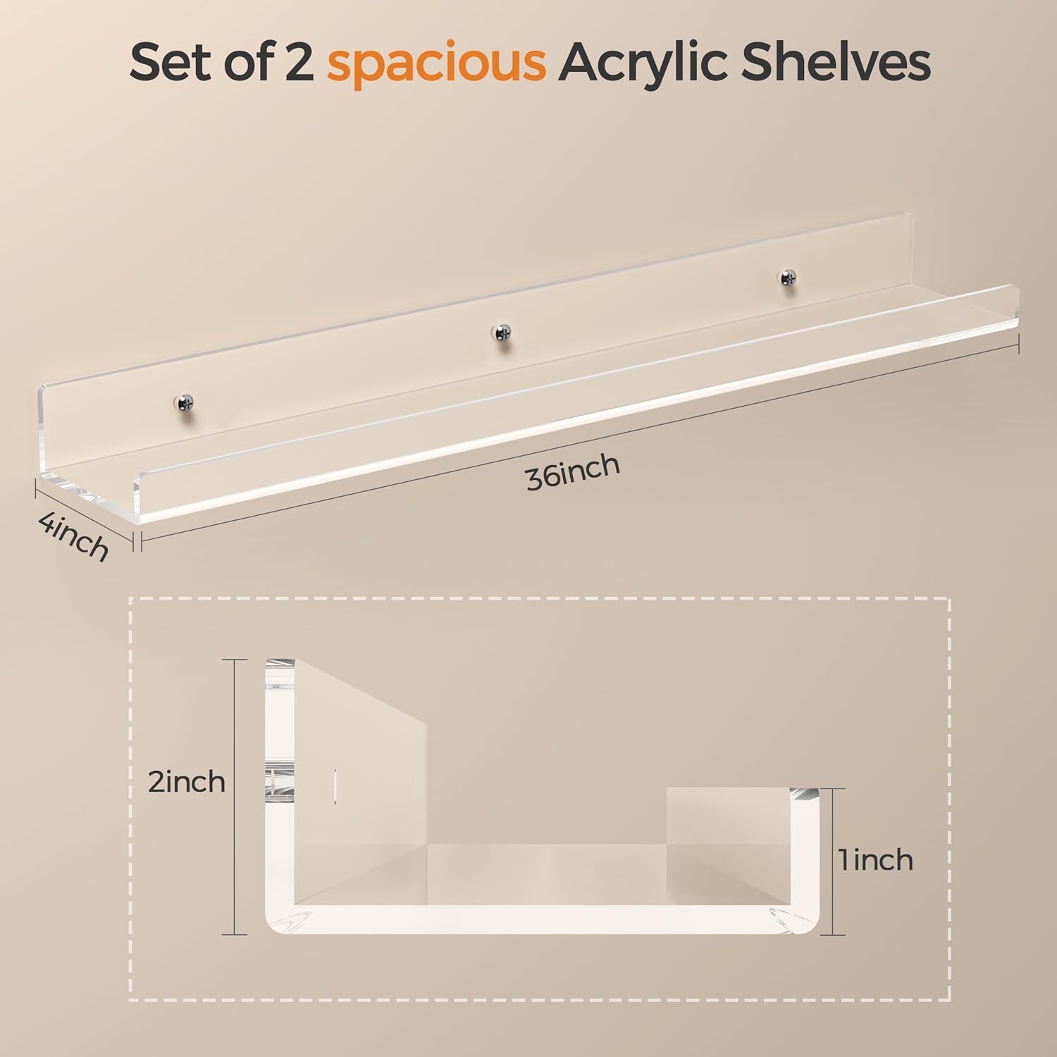 36 Inches Clear Acrylic Floating Shelves Wall Pack of 2