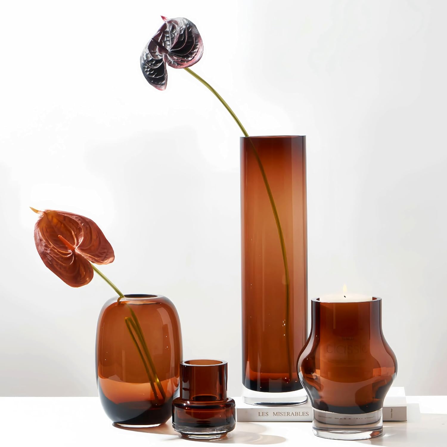 8 Amber Hurricane Candleholder - 35lb Thick Glass Vase