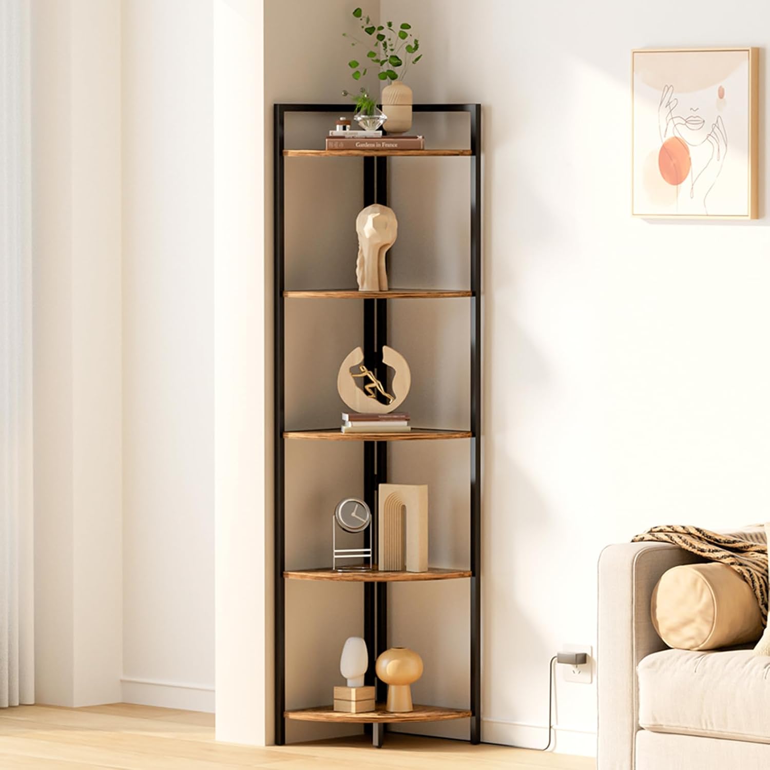 Gemfurque Rustic Brown 5 Tier Corner Shelf with LED Light