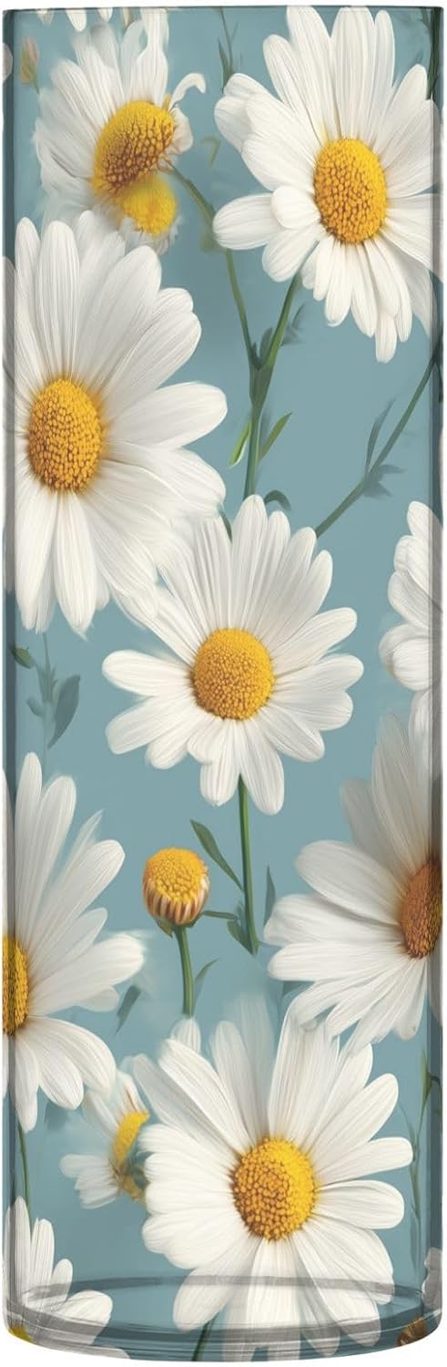 White Daisies with Yellow Centers Plastic Cylinder Vase 118 Inch Tall