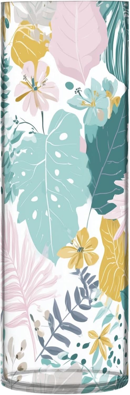 Tropical Leaves Flowers Plastic Cylinder Vase 118 Inch Tall