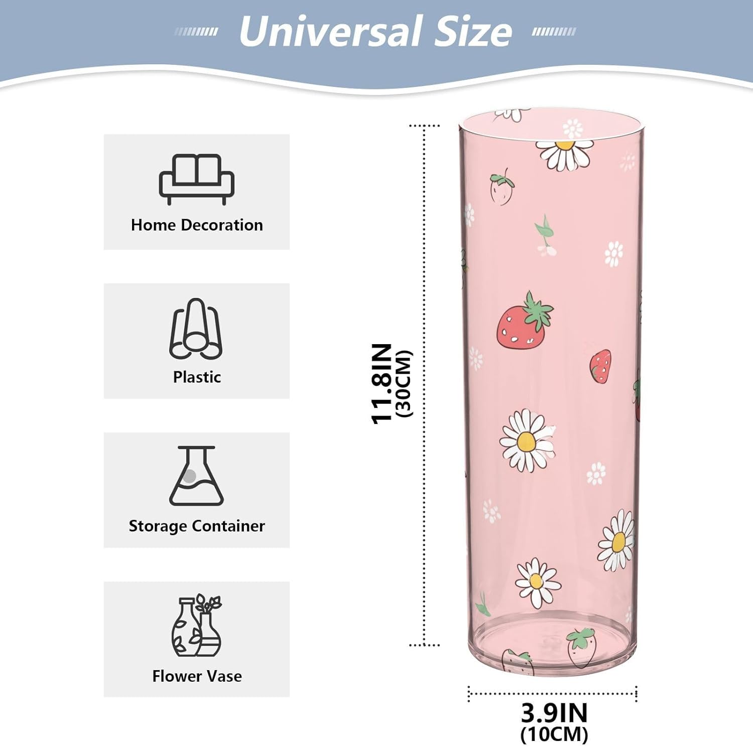 White Daisies and Strawberry Plastic Cylinder Vase 118 Inch Tall