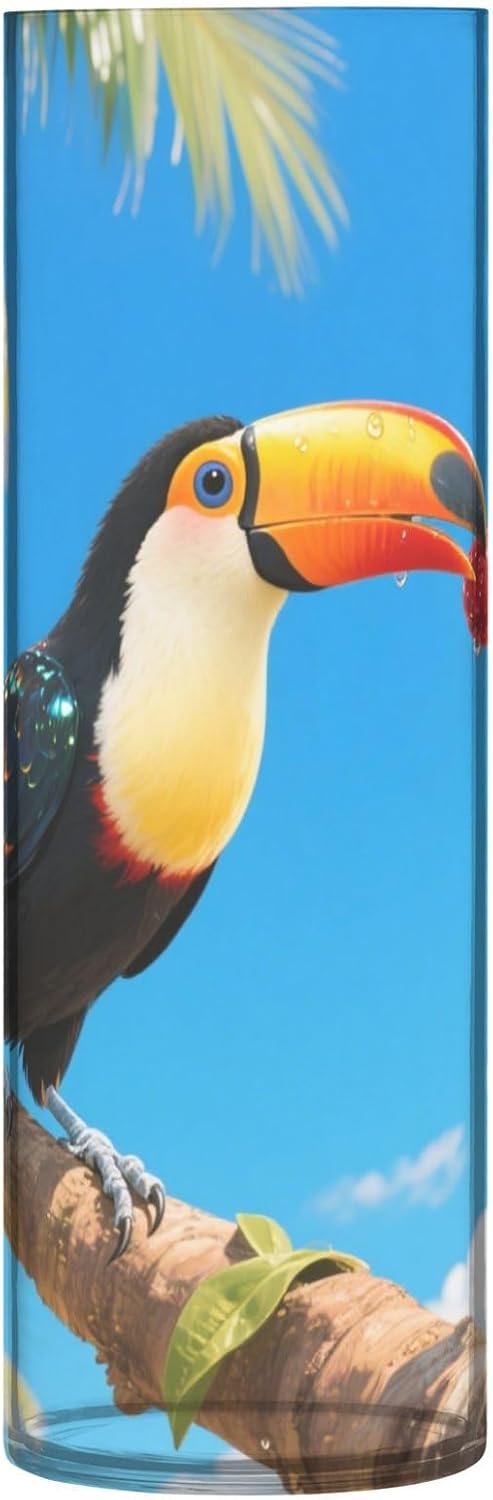 Toucan Bird Pattern Vase 118 Inch Tall Clear Cylinder