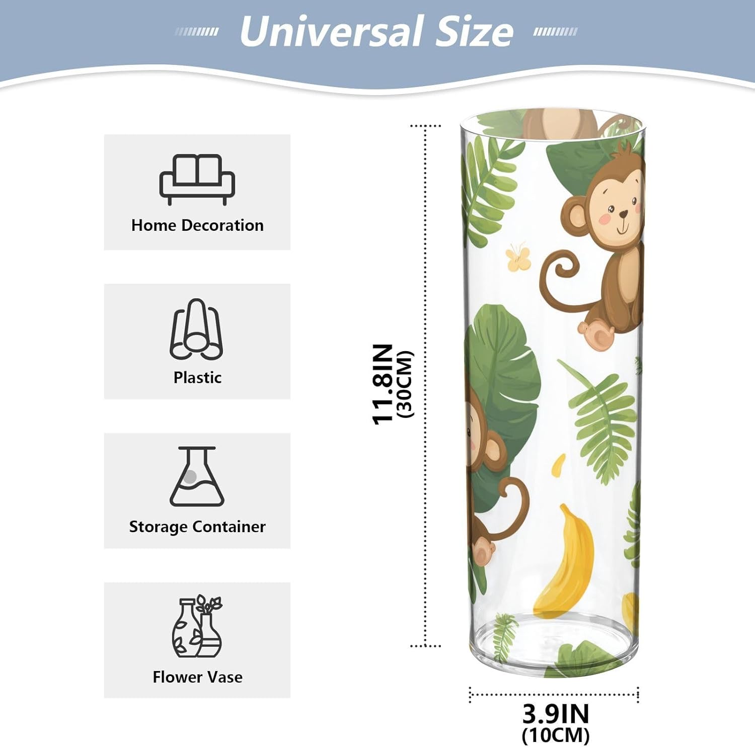Monkeys and Bananas Tropical Leaves Clear Plastic Cylinder Vase 118 Inch Tall