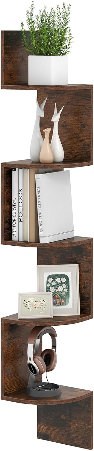 Giantex 5-Tier Floating Corner Bookshelf Wall Mounted Rustic Brown