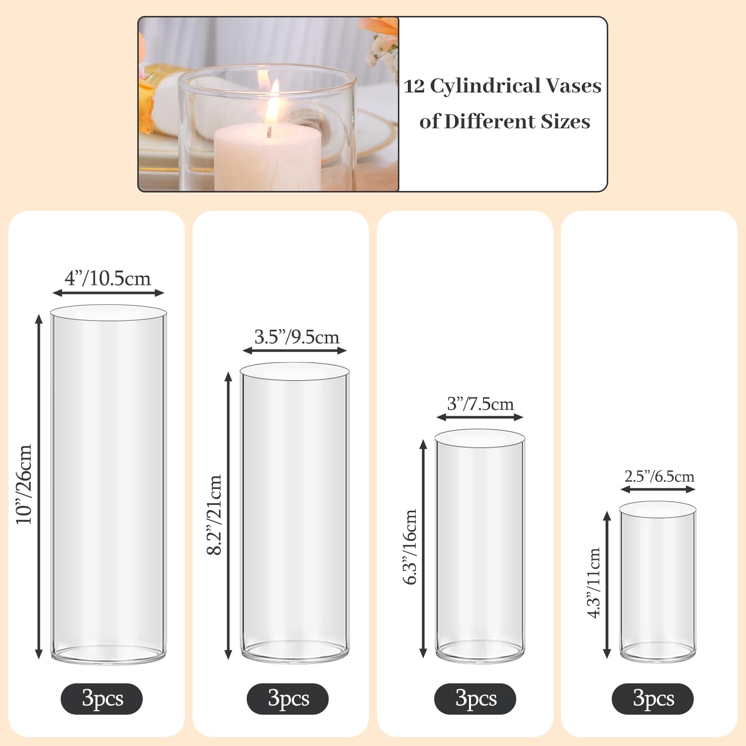 12 pcs Clear Cylinder Vases for Centerpieces