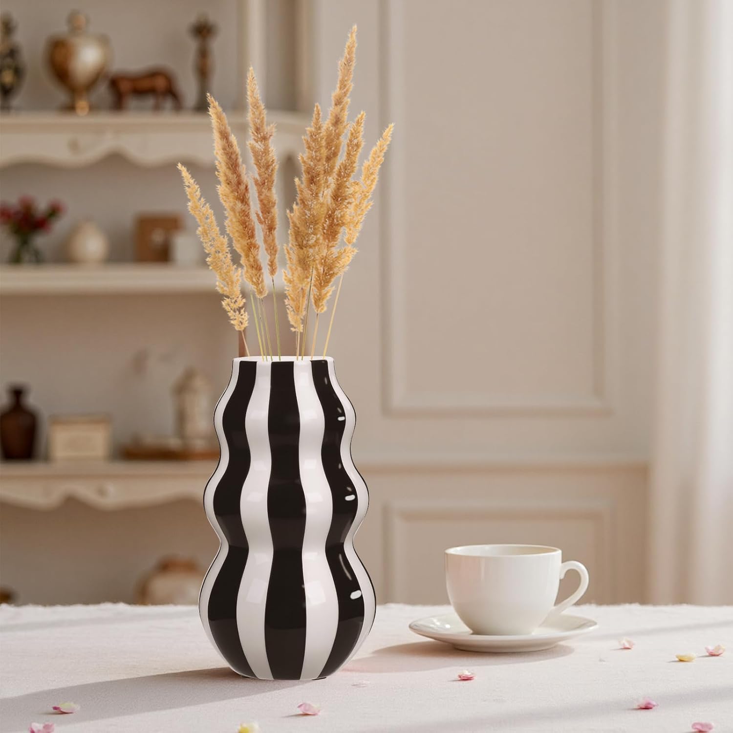 Daslich Black and White Ceramic Vase 866 in Tall Modern Striped Centerpiece