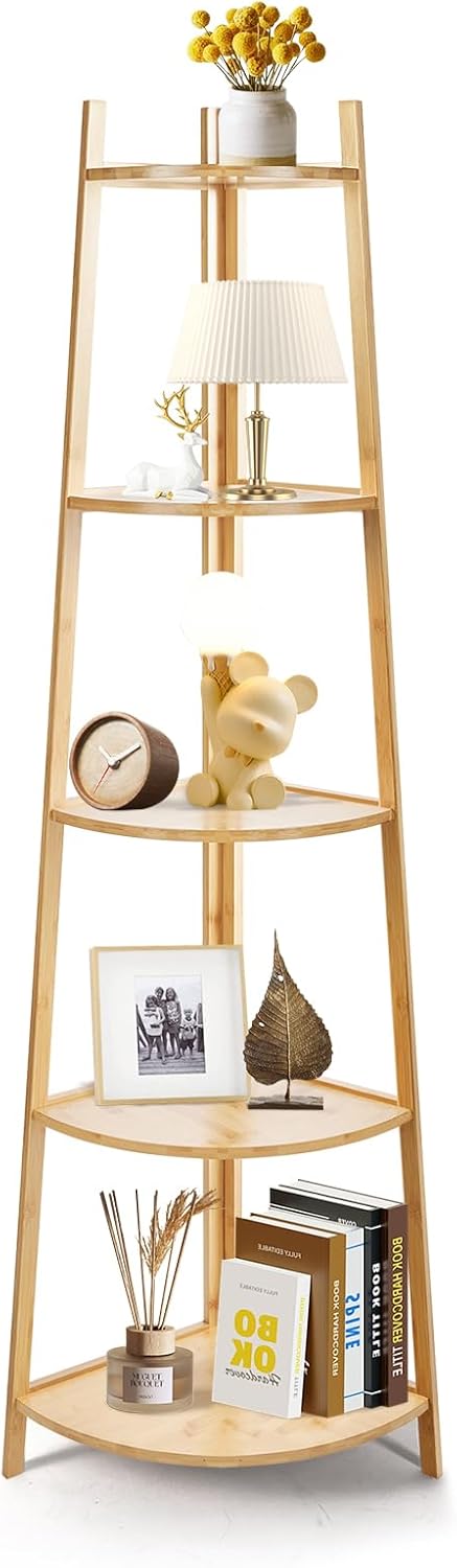 OUTREE Bamboo Corner Shelf 5 Tier Bookshelf Stand