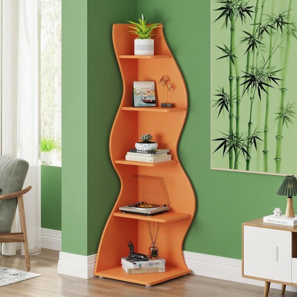 5-Tier Corner Bookshelf with Modern Wave Design