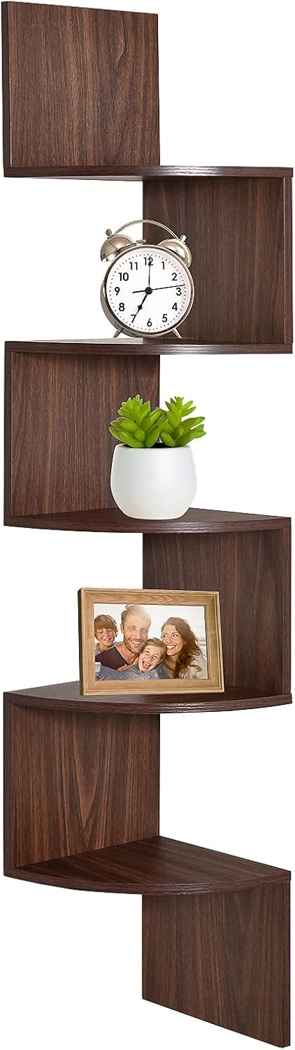 Greenco 5 Tier Corner Floating Shelf with Rustic Walnut Finish