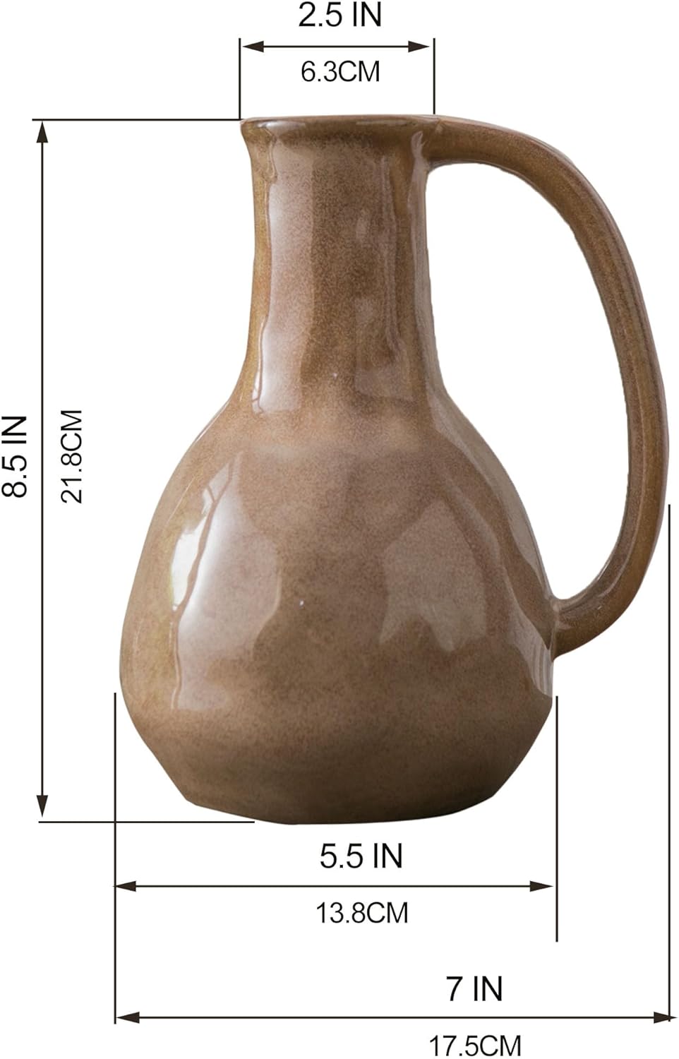Brown Ceramic Vase with Big Handle for Farmhouse Decor