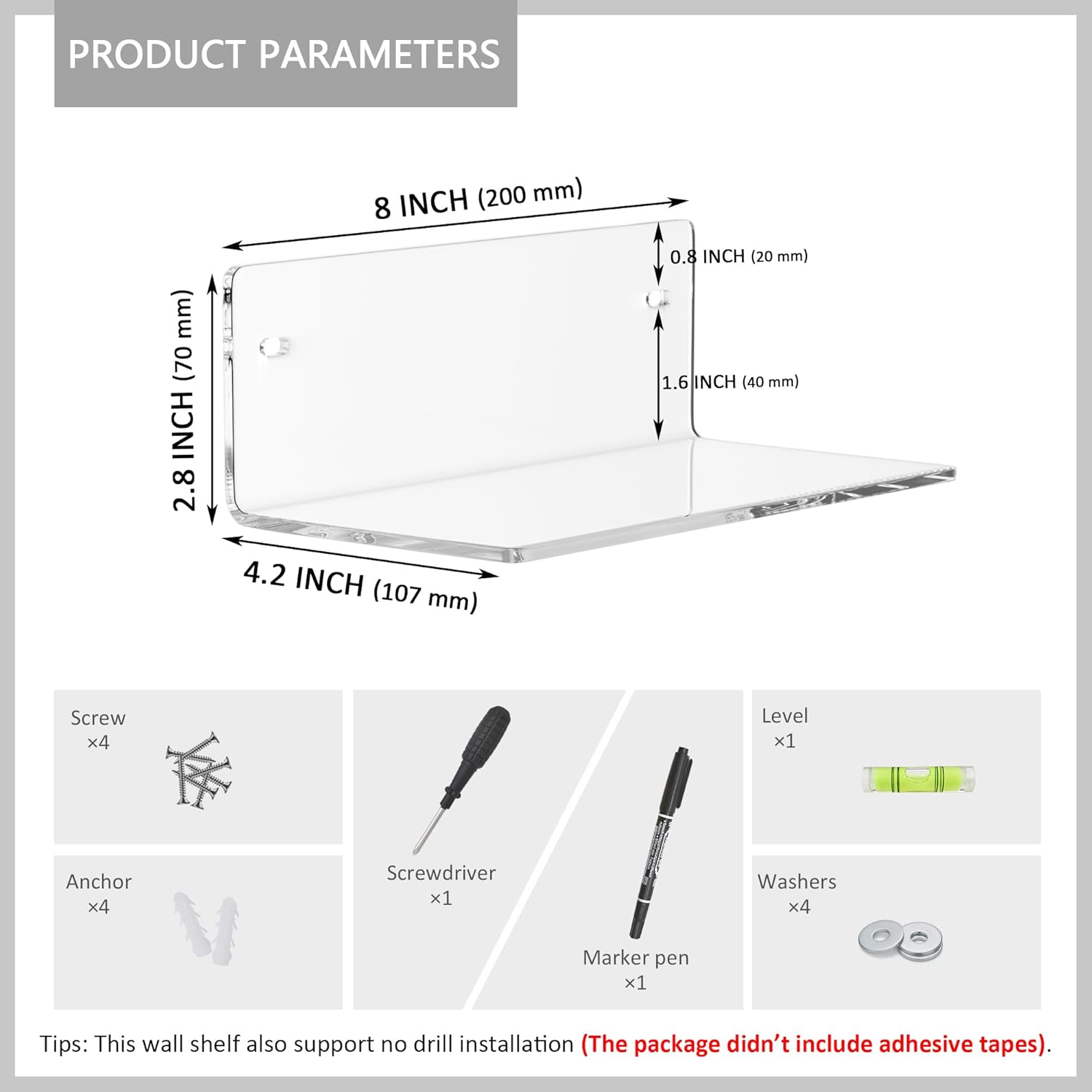 8 Inch Clear Acrylic Floating Wall Shelf 2 Pack Space Saving Organizer