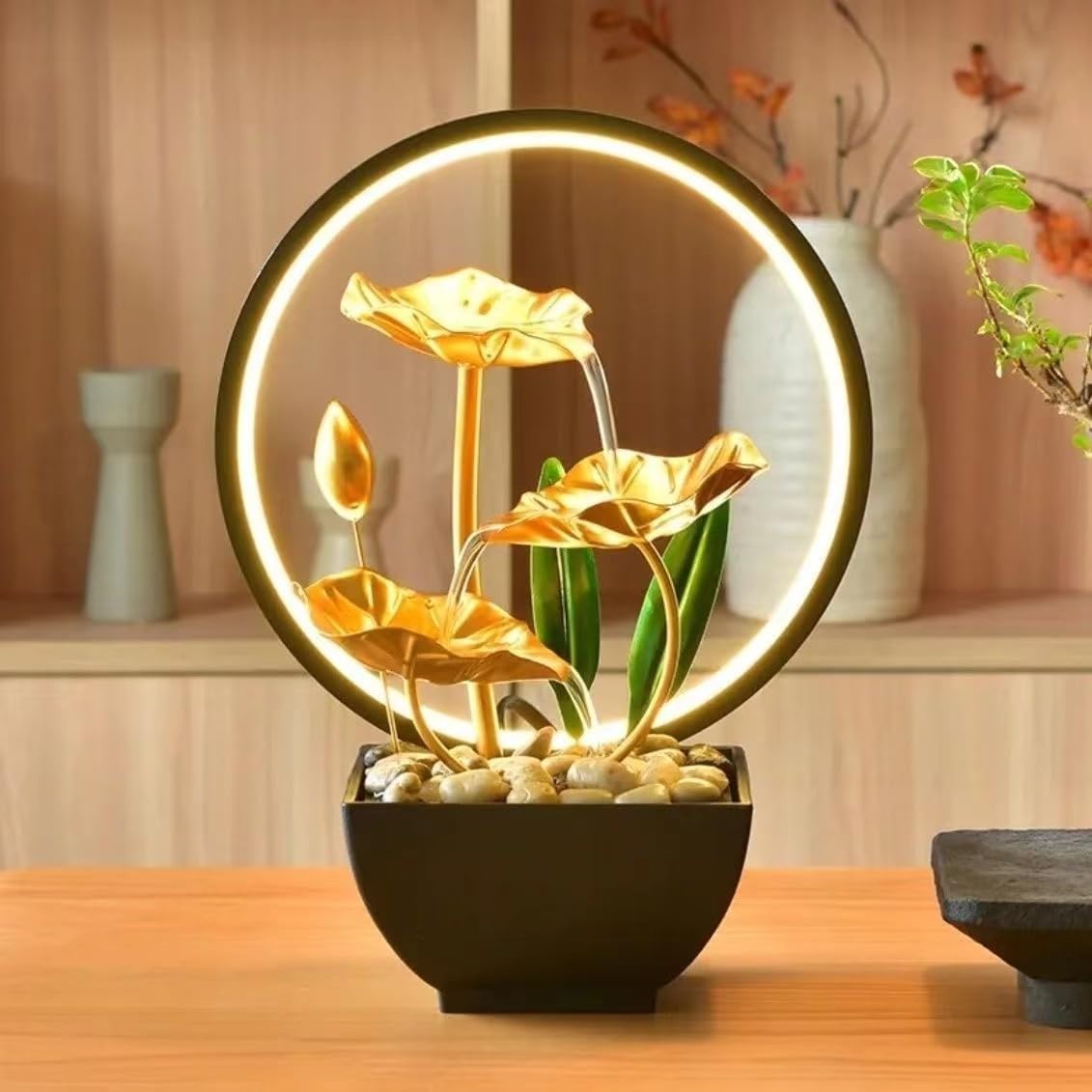 TiCin USB Powered Tabletop Fountain with LED Lights and Natural Rocks