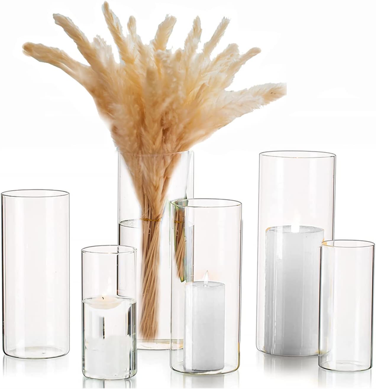 Esmiome Cylinder Vase Set 6Pcs Clear Glass Hurricane Candle Holder for Centerpieces
