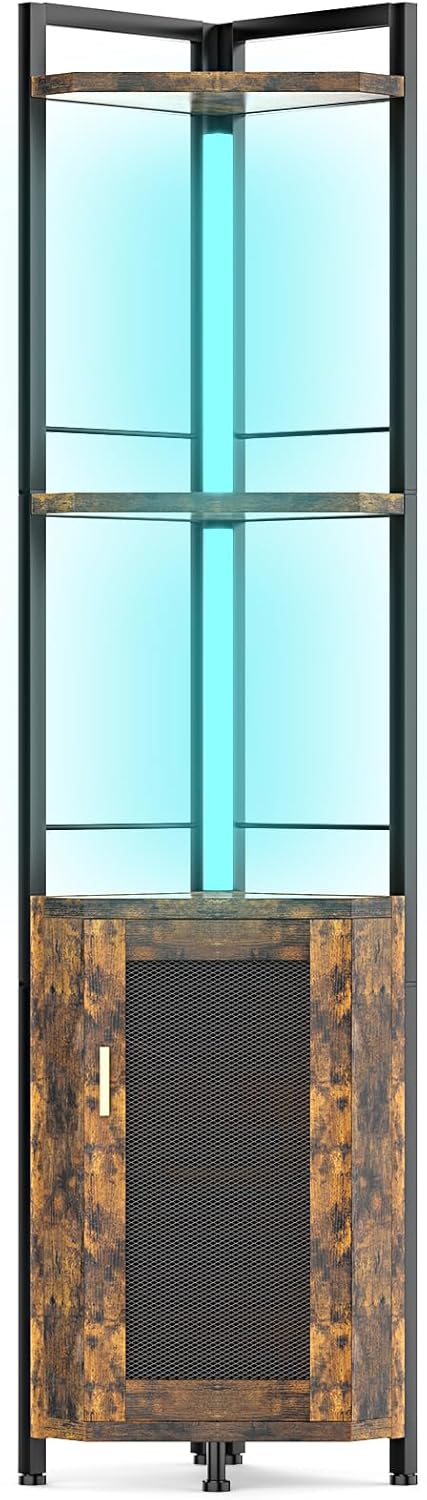 RGB Light Bar Iron Wood Corner Shelf Decor Cabinet