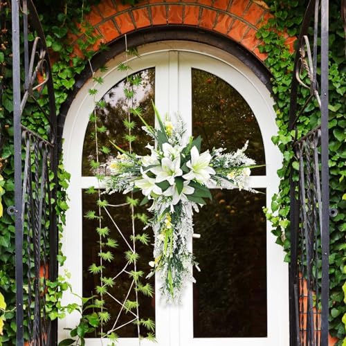 20 Inch Cross Shaped Artificial Lily Easter Wreath