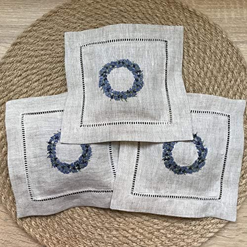 Hand Embroidered Lavender Pillow Sachet Bag Set of 3 Natural Linen