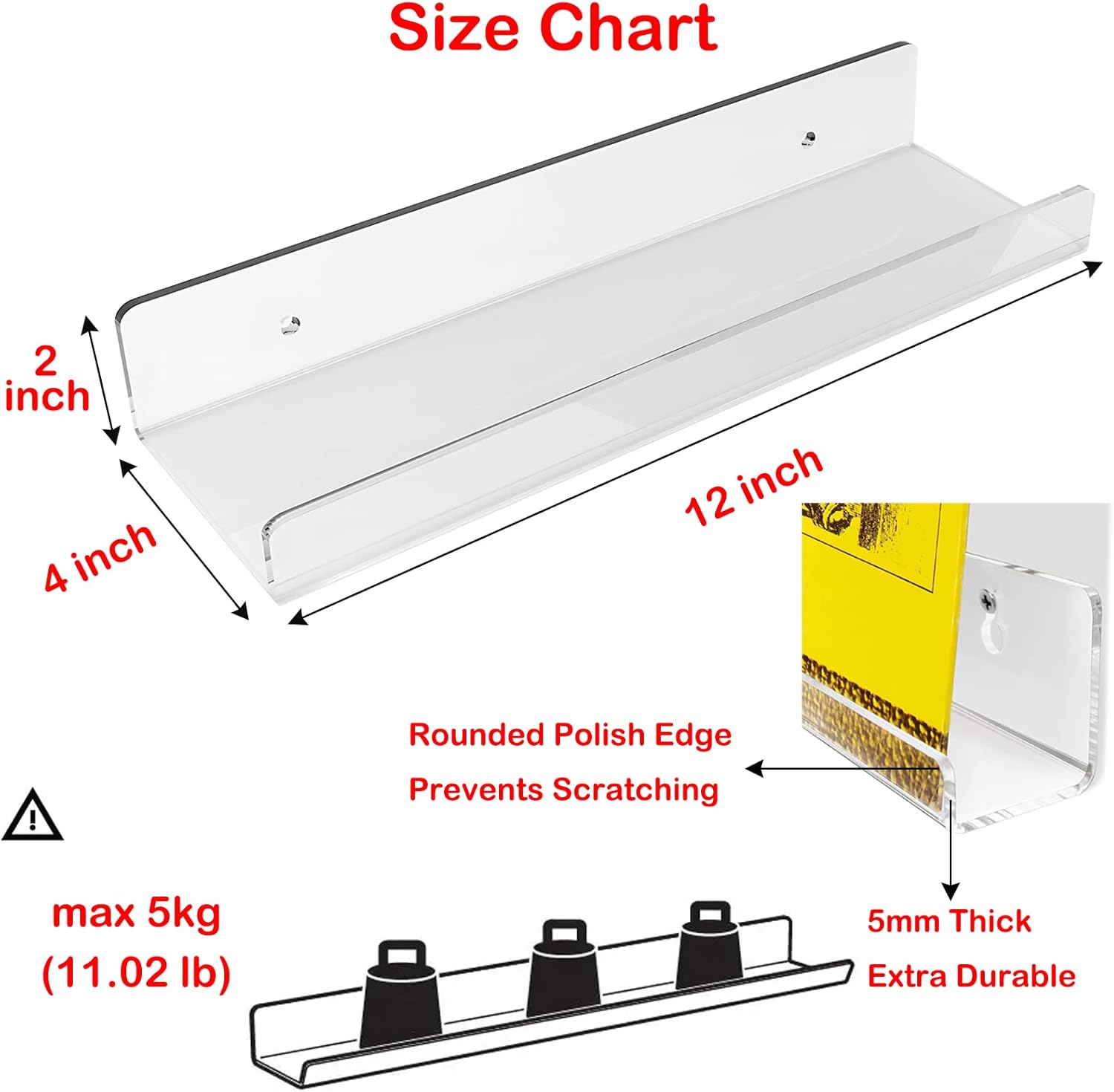 WANLIAN 2 Pack 12 Inch Clear Floating Shelf
