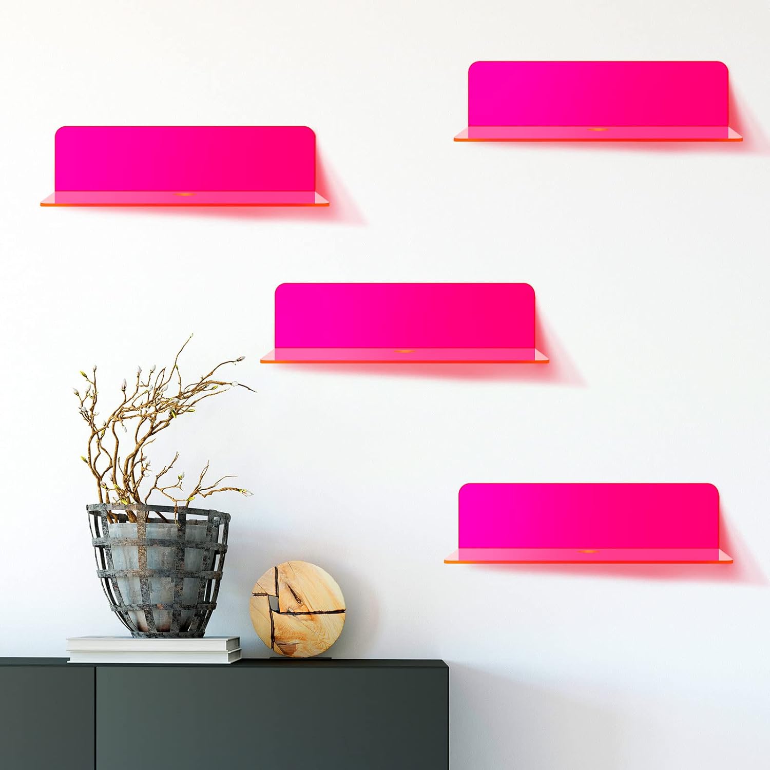 Weysat Floating Shelves 9 Inch Acrylic Wall Mount 4 Pcs Fluorescent Pink