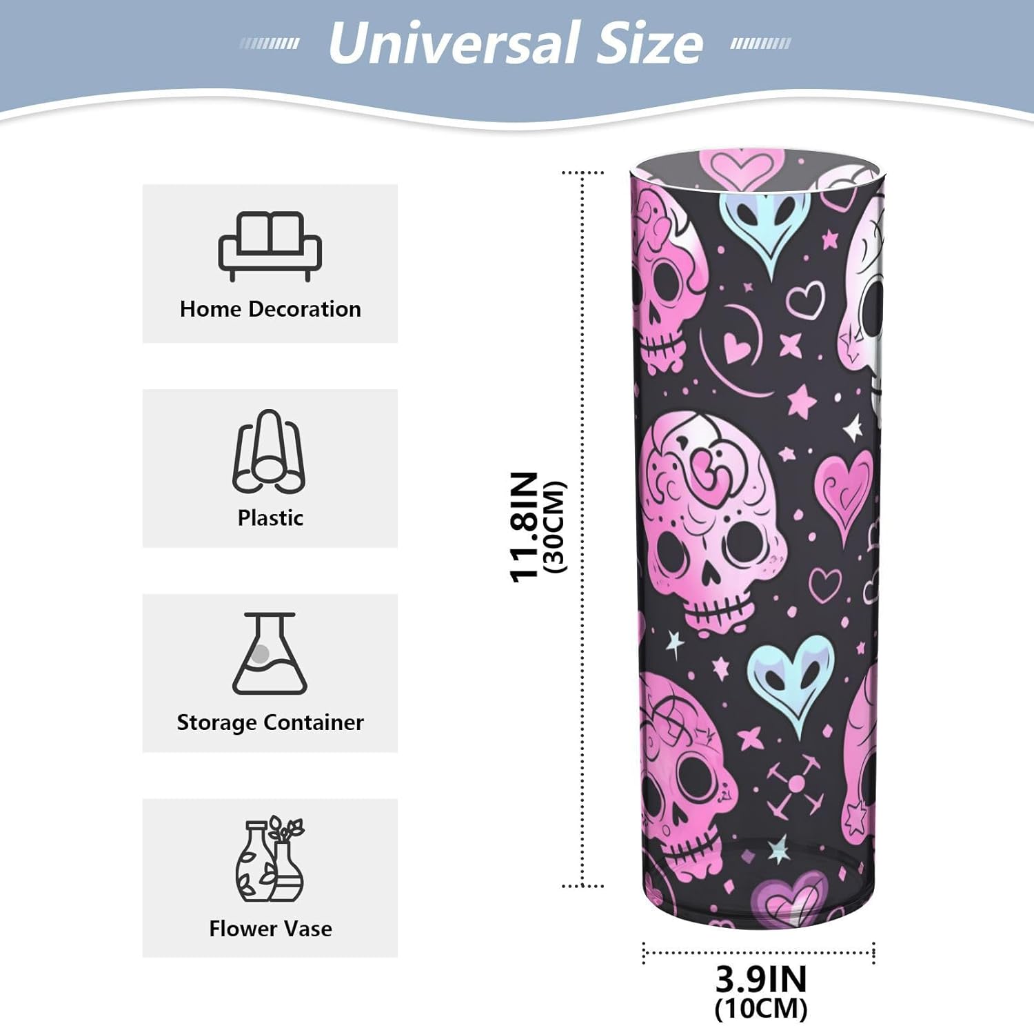 Cute Halloween Floral Skull Heart Pink Plastic Cylinder Vases for Centerpieces