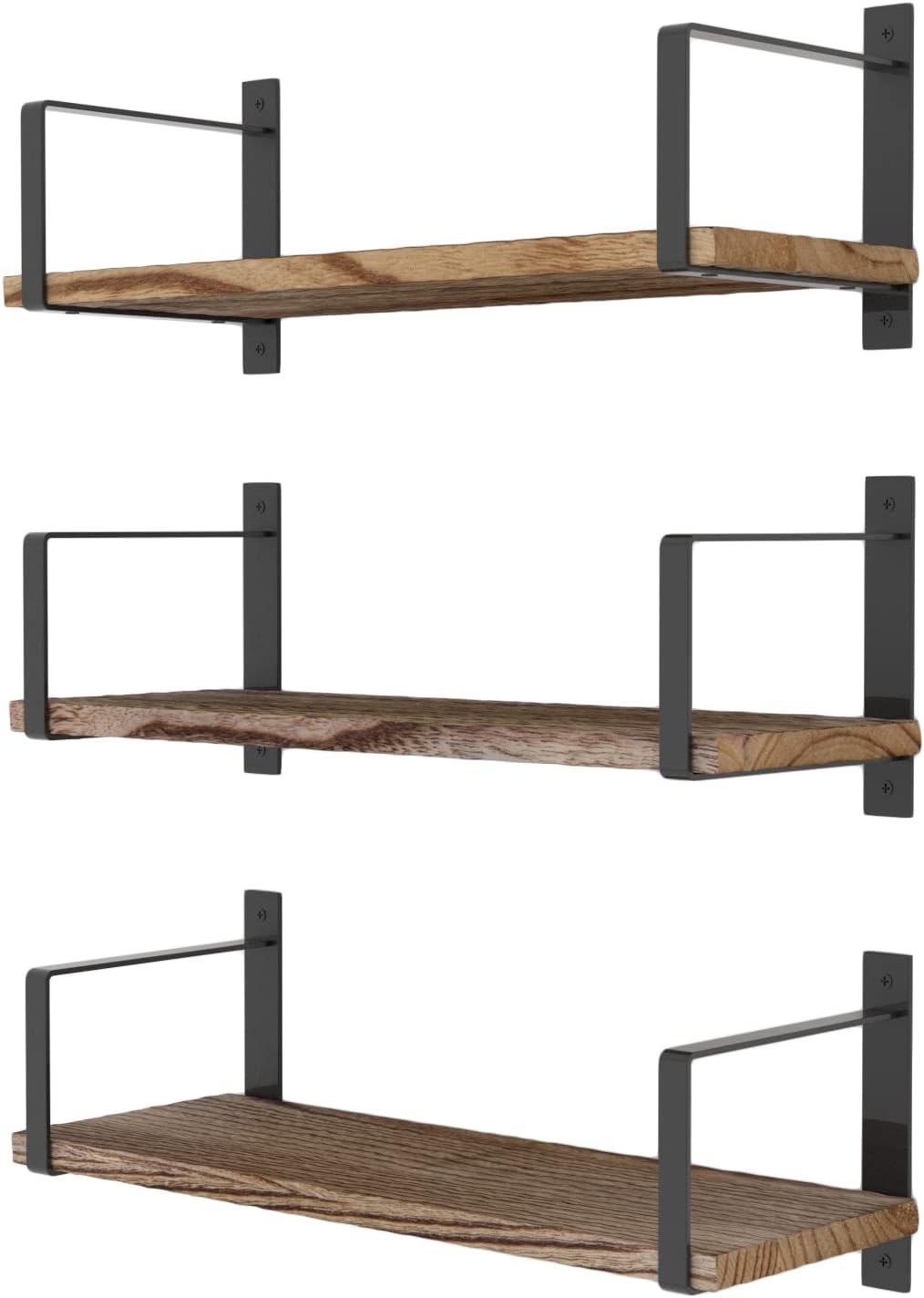 Wallniture Toledo Floating Shelves Set of 3 Burned Finish Rustic Wood