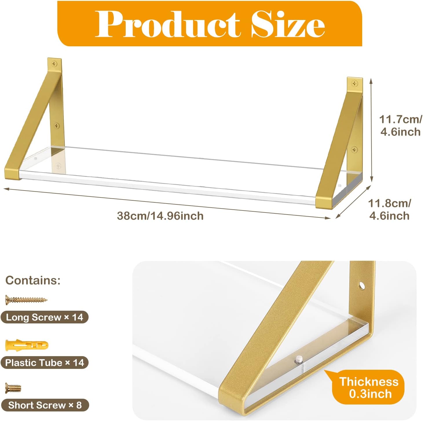 Gold Floating Shelves Set of 3 Clear Shelves 15in