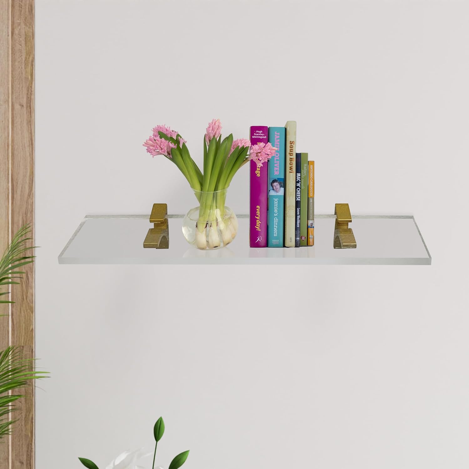 Clear Acrylic Floating Shelf 6x18 with Brass Brackets