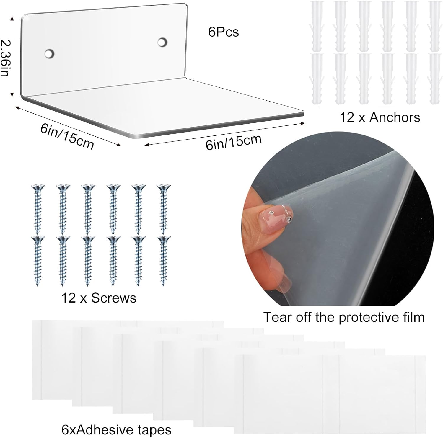Wenqik 6-Pack Acrylic Floating Shelves for Wall Display