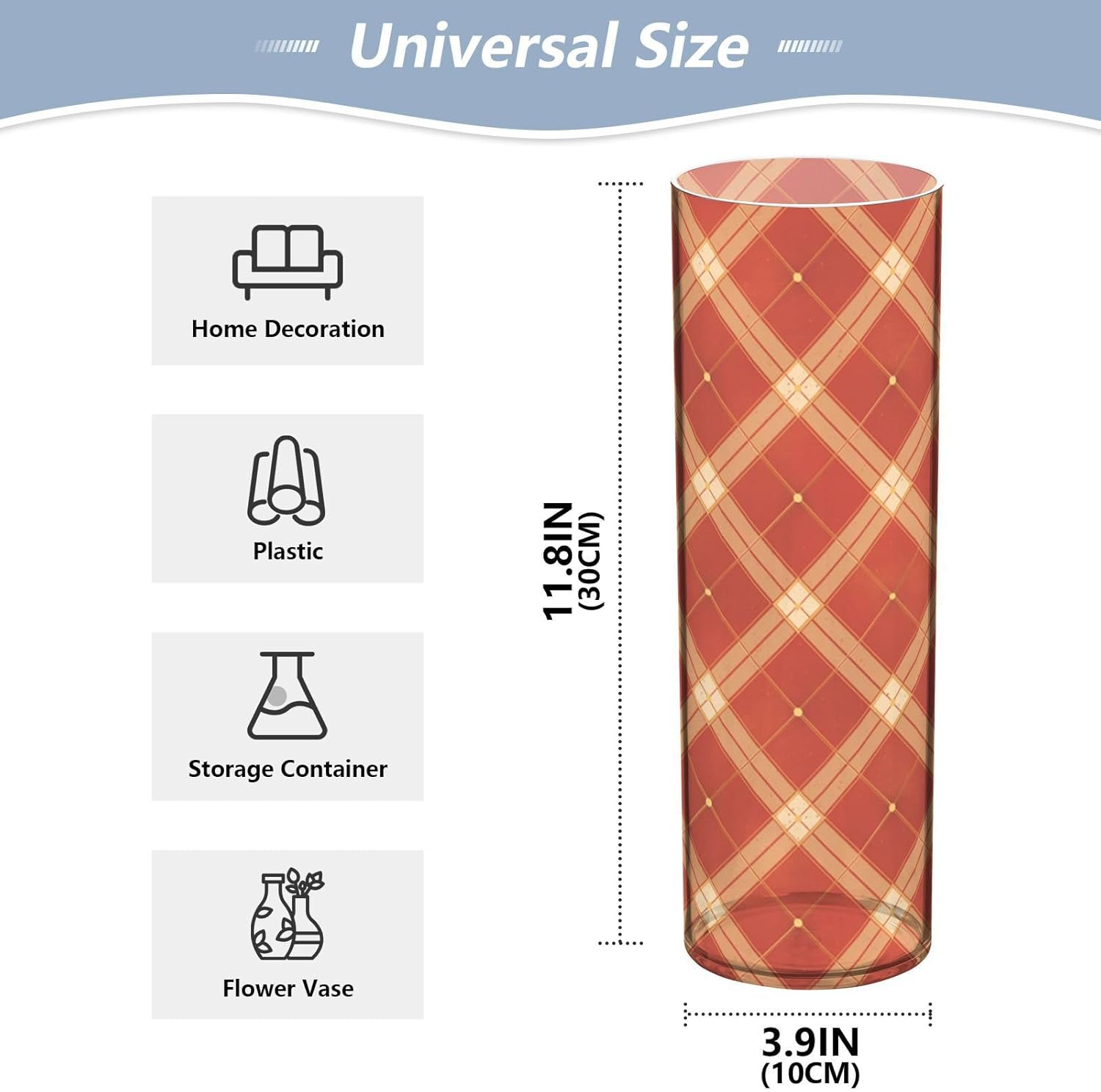 Chequer Pattern Red Gold Plastic Cylinder Vases for Flowers