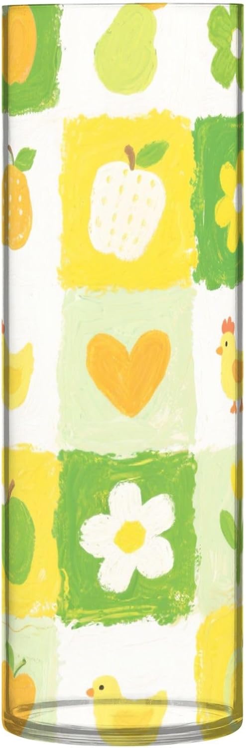 Yellow Green Flower Checkered Pattern Plastic Vase 118x39 Inch Decorative