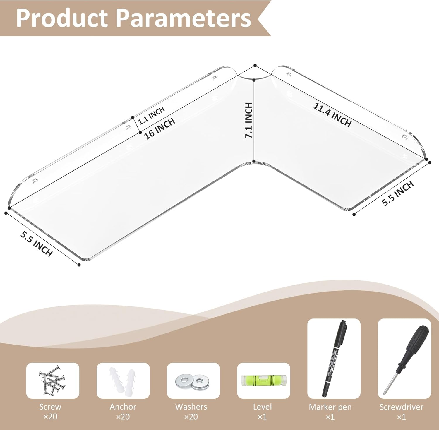 114x16 Inch Acrylic Corner Floating Shelf Set of 4