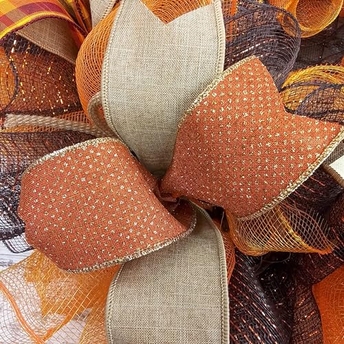 Fall Wreath for Front Door with Brown Orange Mesh