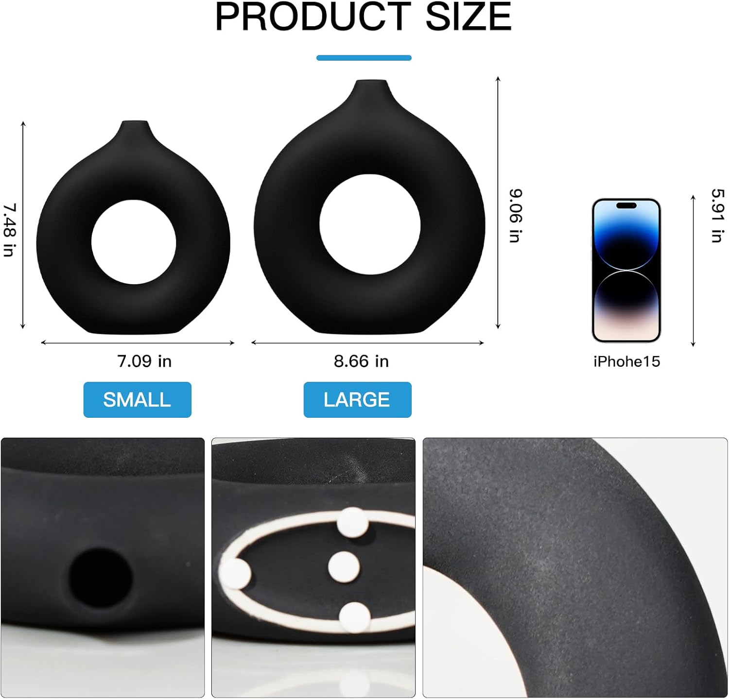 Black Matte Ceramic Donut Vase Set of 2