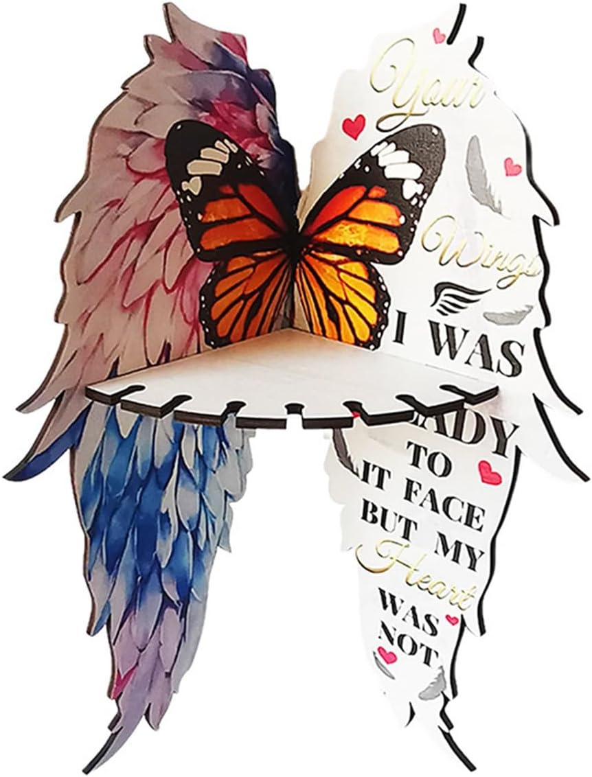Wooden Floating Corner Shelf with Butterfly and Angel Wings Design