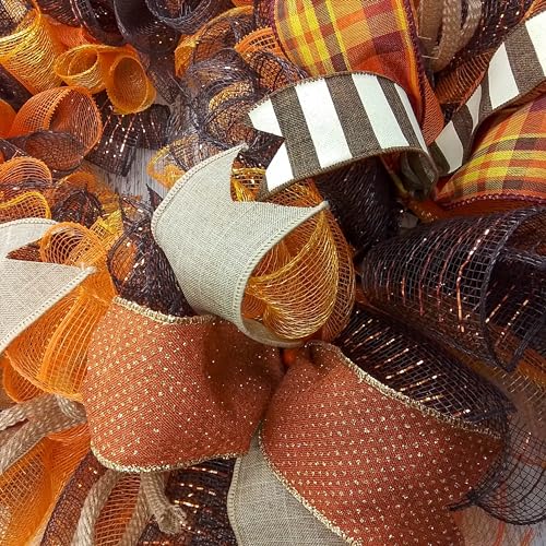 Fall Wreath for Front Door with Brown Orange Mesh