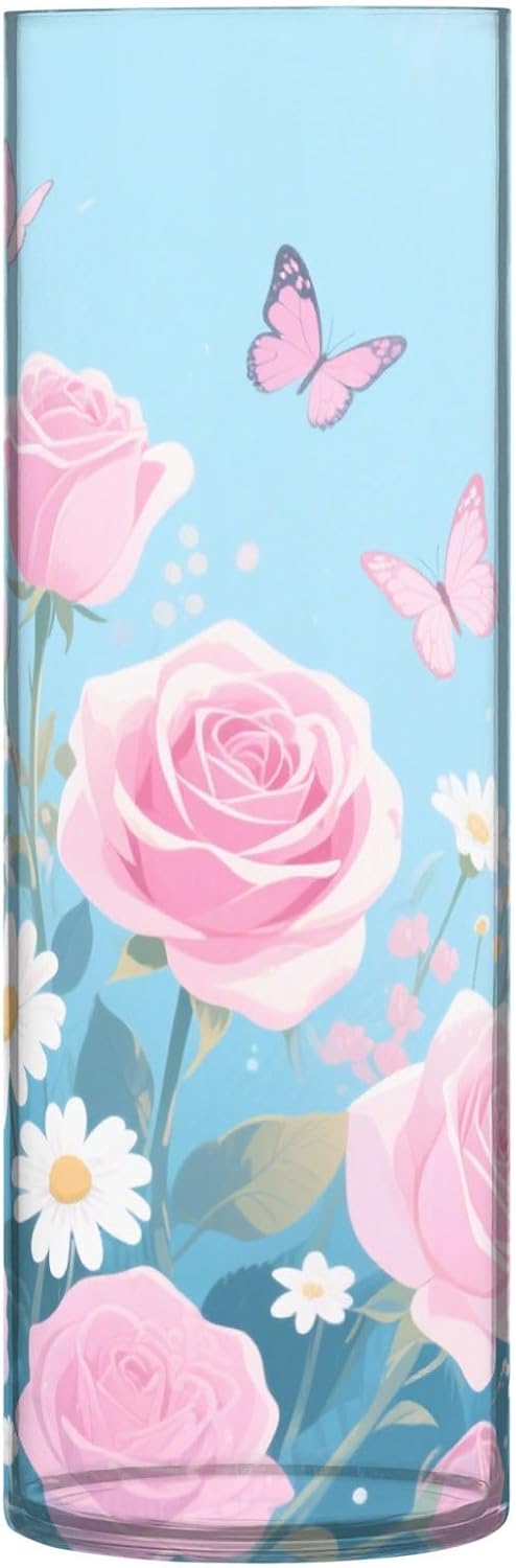 Pink Rose Flowers and Butterflies Plastic Hurricane Candle Holder