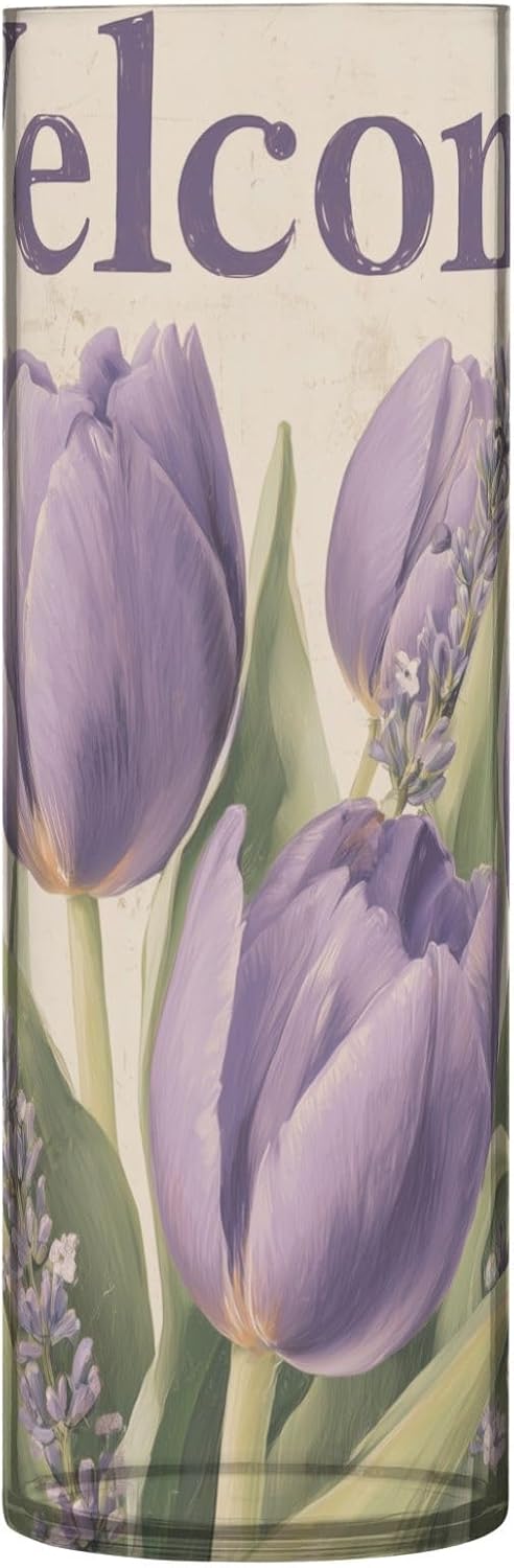 Welcome Purple Tulips Pattern Clear Plastic Cylinder Vase 118 Inch Tall