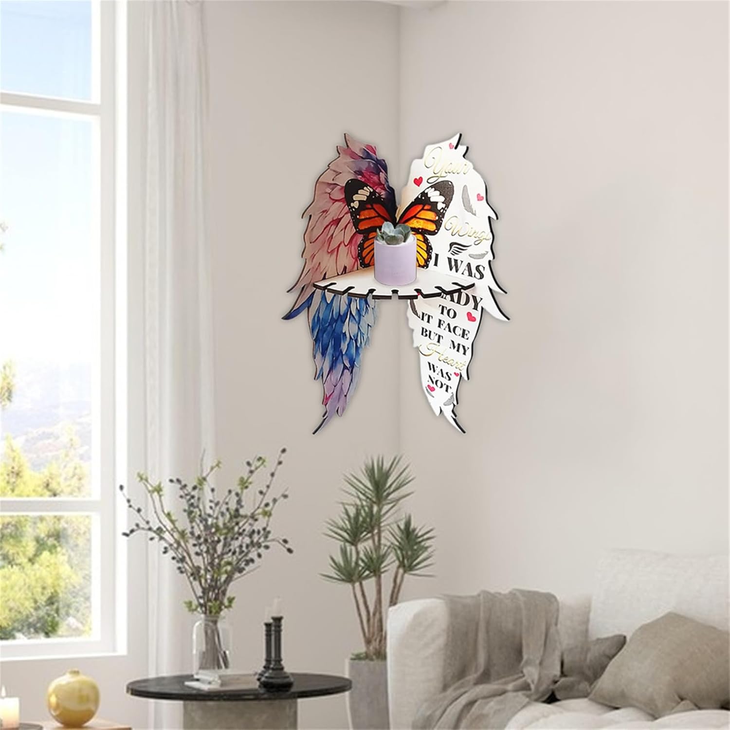 Wooden Floating Corner Shelf with Butterfly and Angel Wings Design