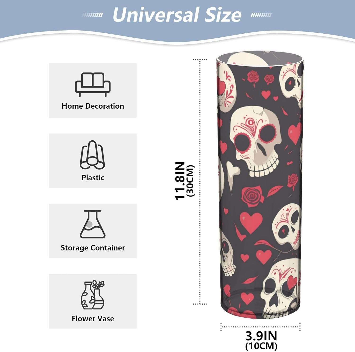 Skull Heart Valentine Plastic Cylinder Vase 118 x 39 Inch