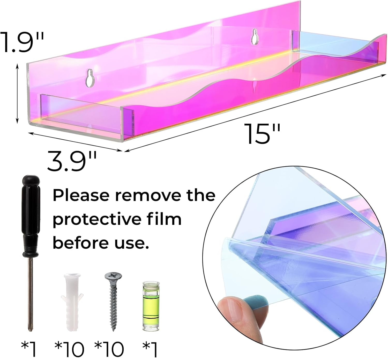 Hiceeden 4 Pack 15 Inch Iridescent Acrylic Floating Shelves