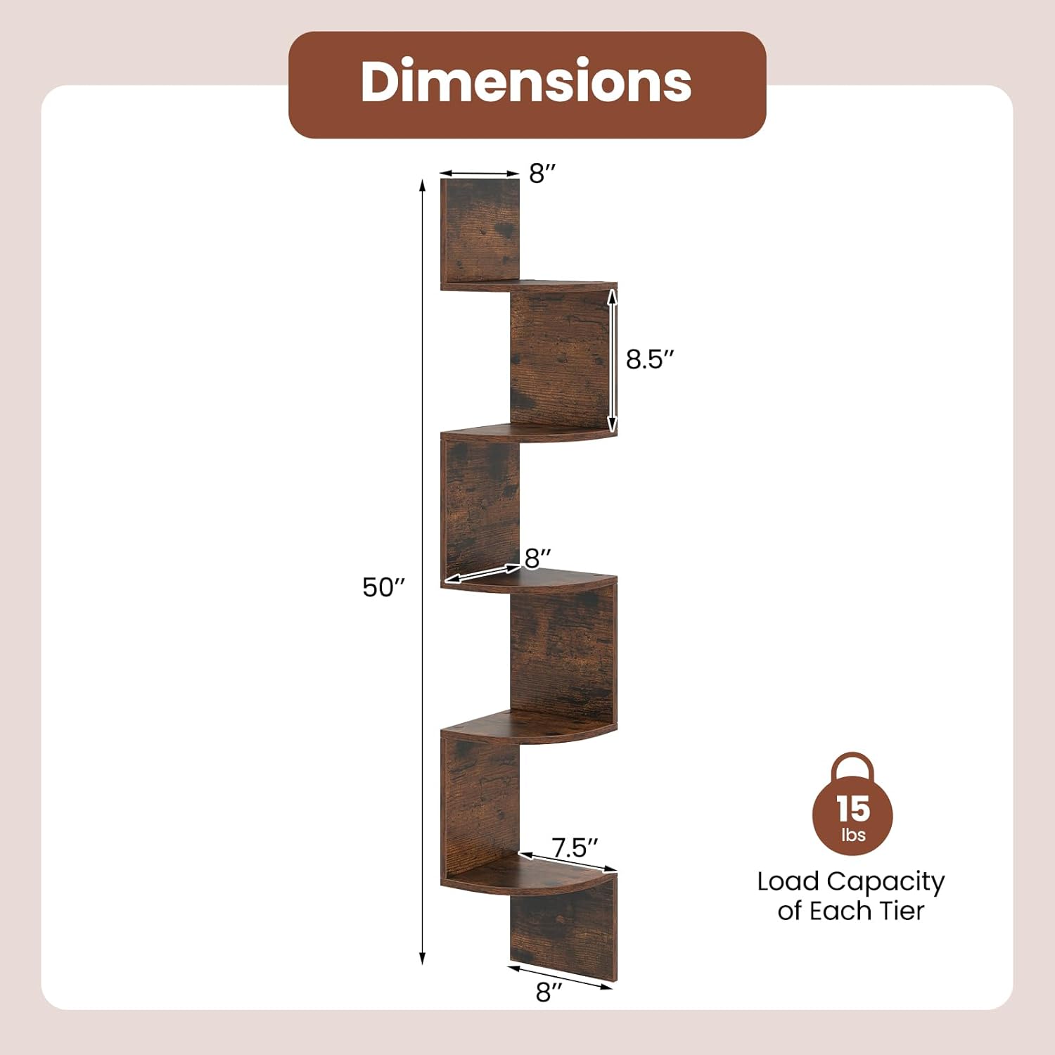 Giantex 5-Tier Floating Corner Bookshelf Wall Mounted Rustic Brown