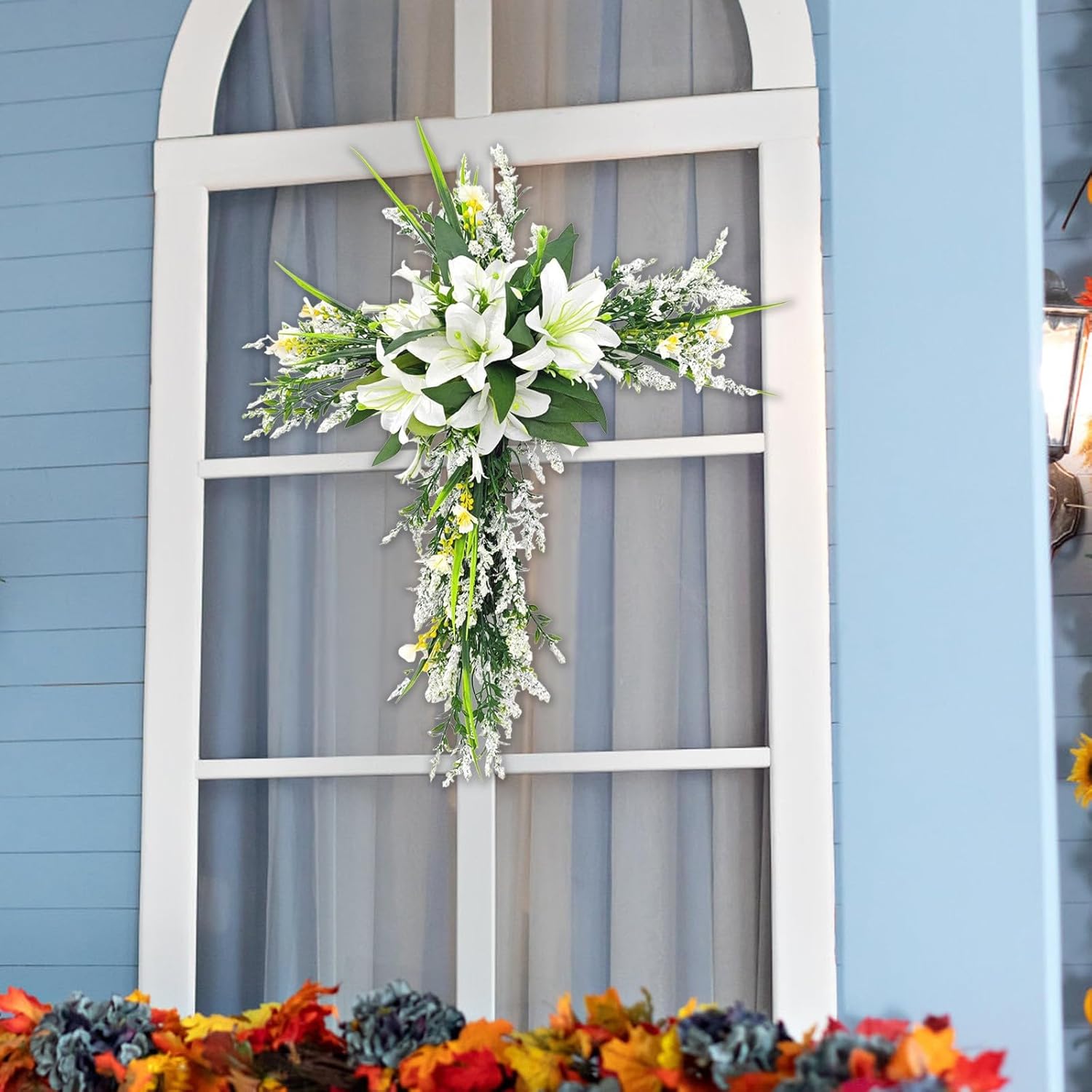 20 Inch Cross Shaped Artificial Lily Easter Wreath