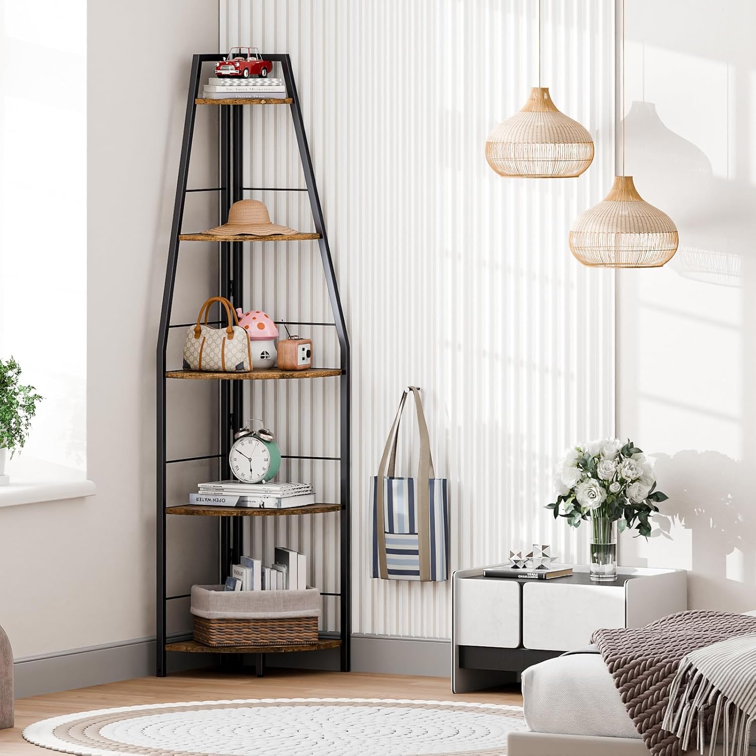 Rustic Brown 5 Tier Corner Ladder Shelf Stand