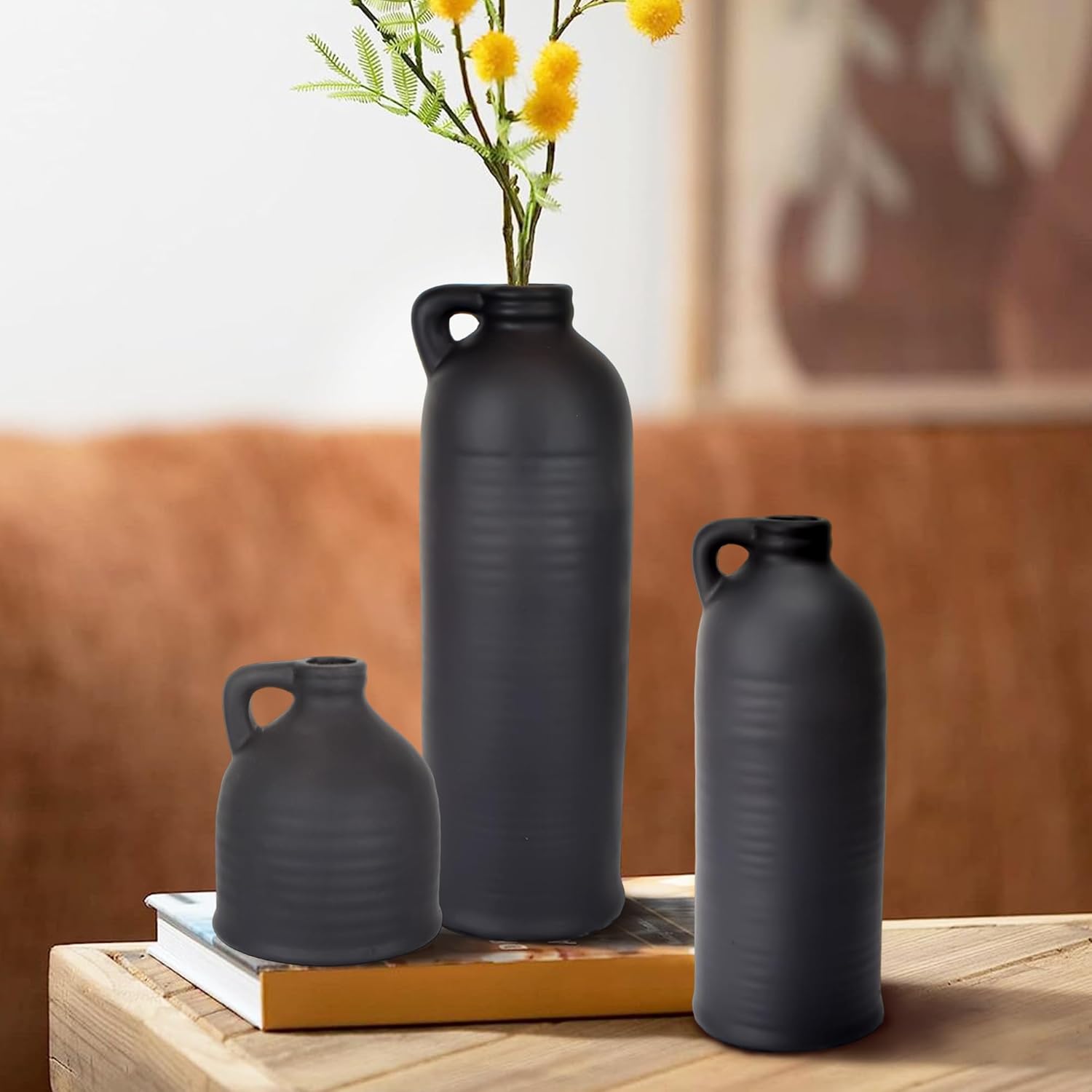 Black Ceramic Vase Set of 3 for Home Decor