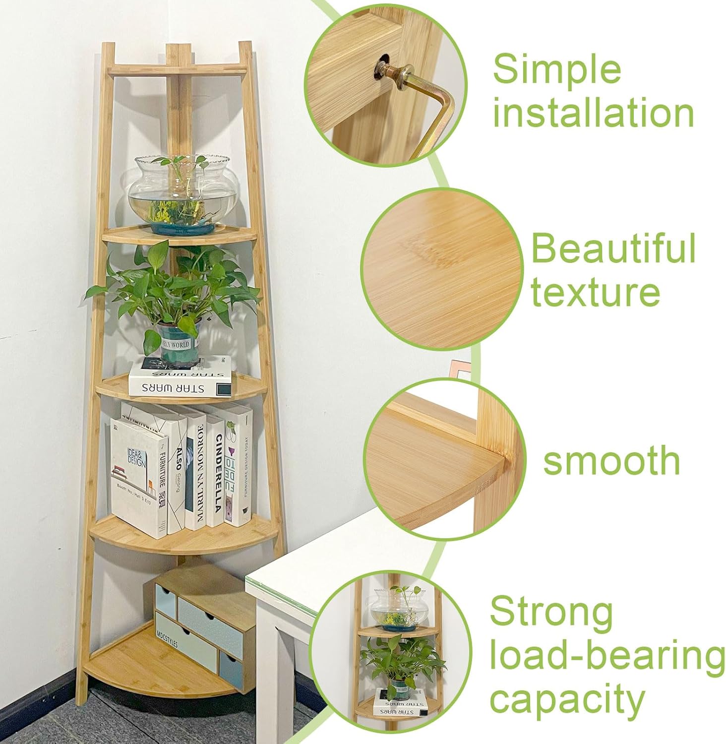 OUTREE Bamboo Corner Shelf 5 Tier Bookshelf Stand