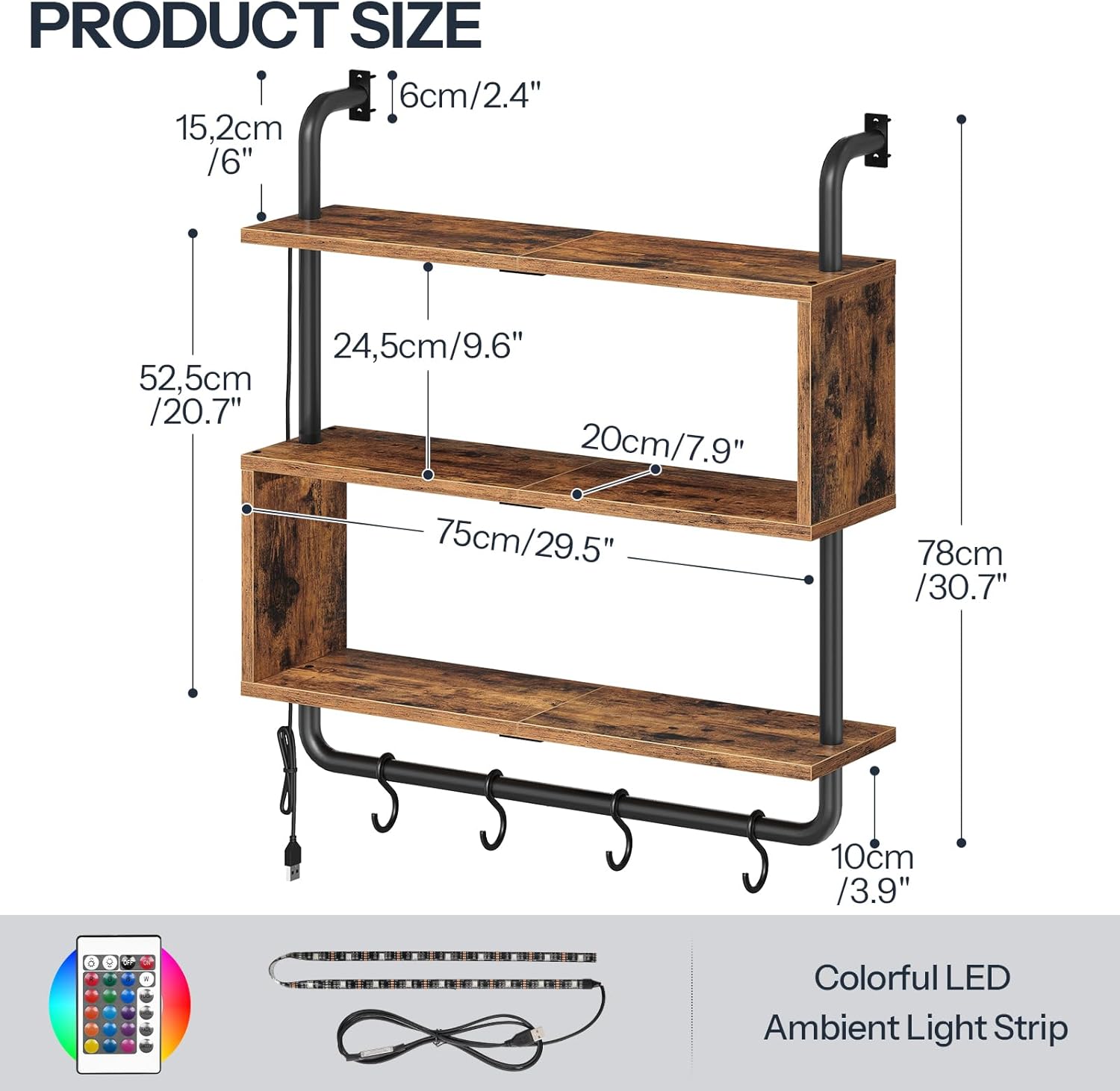HOOBRO Floating Shelves with LED Lights 3-Tier Wall Mounted Display Rack